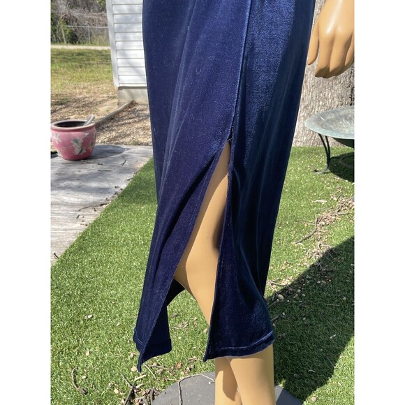 Vintage 1990s Miss & Mrs Blue Crushed Velvet Midi Rhinestone Slit Large Dress - Picture 5 of 12